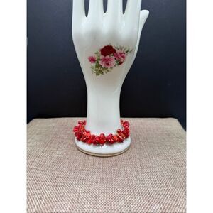 Red Coral Bead Cluster Bracelet Silver Tone Toggle Clasp